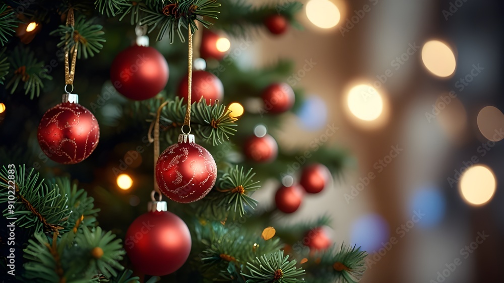 Close up of balls on Christmas tree. Bokeh garlands in the background. New Year concept. Close up of balls on Christmas tree. Bokeh garlands in the background. New Year concept.