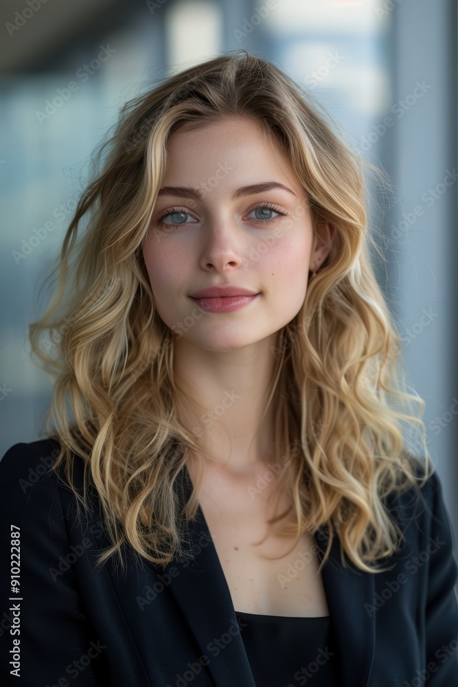 Fototapeta premium Portrait of a confident young businesswoman with blonde hair, wearing a black blazer, standing in a modern office with large windows.