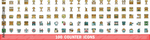 100 counter icons set. Color line set of counter vector icons thin line color flat on white