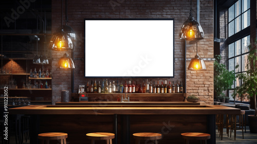 TV mockup. A modern bar interior featuring a wooden counter, high stools, and a large blank TV screen mockup on the wall. 