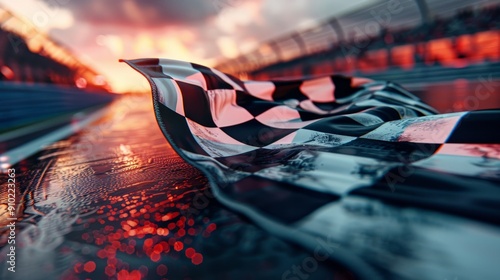 Checkered Flag on Wet Track at Sunset