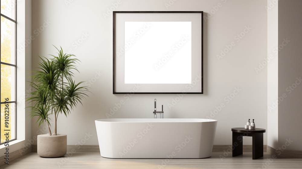 Bathroom picture mockup. A modern bathroom featuring a freestanding white bathtub, a large square picture frame mockup on the wall, and a potted plant beside a small round table. Bathroom picture mockup. A modern bathroom featuring a freestanding white bathtub, a large square picture frame mockup on the wall, and a potted plant beside a small round table.