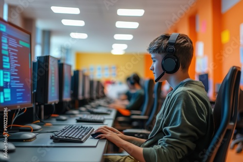 Inclusive Technology for Neurodivergent Students: Detailed Close-up of Accessibility Features in a Futuristic Computer Lab photo