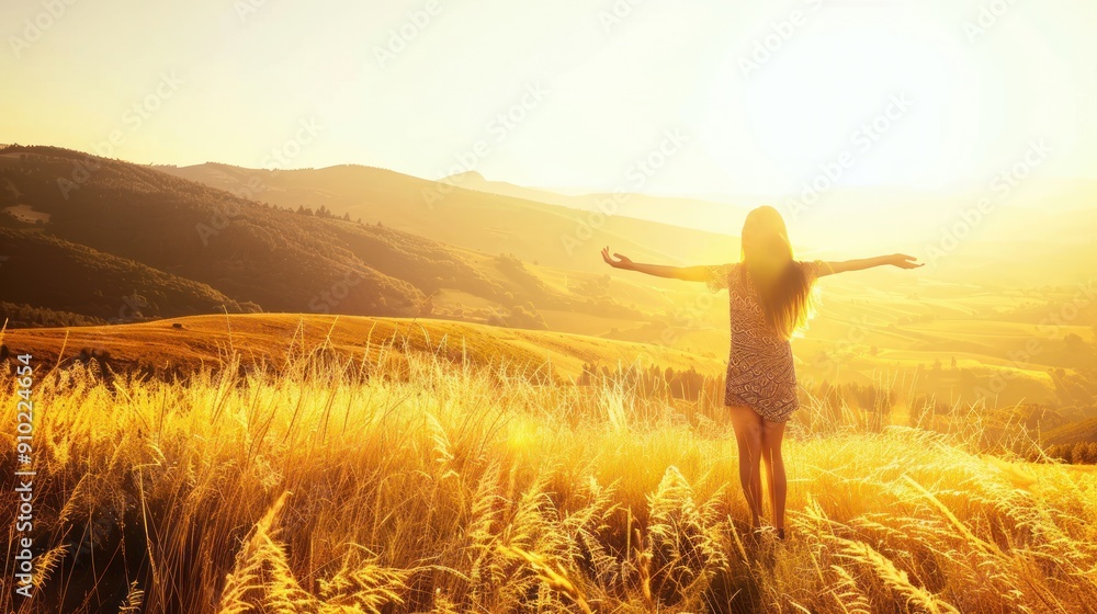 Woman Embracing the Golden Sunset Woman Embracing the Golden Sunset