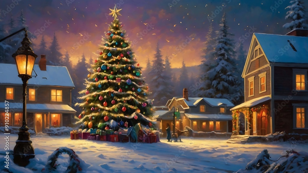 Fototapeta premium Christmas tree and snow falling