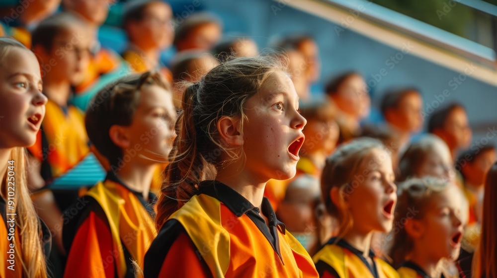 Fototapeta premium Youth Choir Performance at Community Event in Colorful Matching Outfits with Enthusiastic Audience