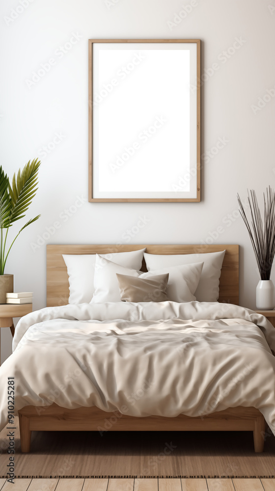 Fototapeta premium Framed picture canvas mockup in the bedroom. A cozy bedroom featuring a wooden bed with white bedding, decorative pillows, and a minimalist design. 