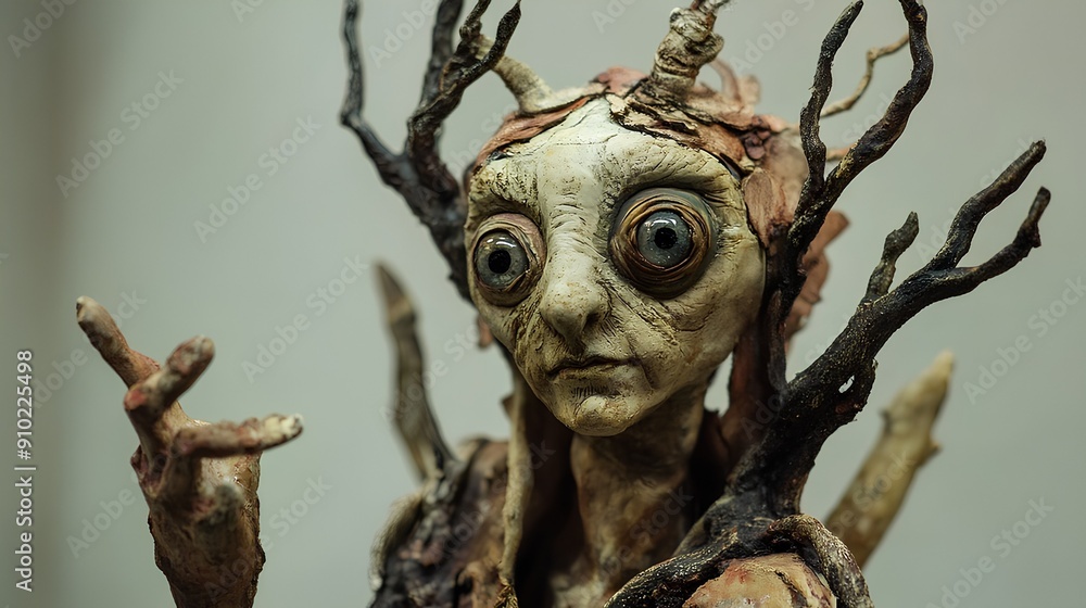 a sculpture or figurine of a fantastical creature. The creature has a humanoid form with exaggerated features, including large, bulging eyes and a long, thin face. Its skin appears to be textured a sculpture or figurine of a fantastical creature. The creature has a humanoid form with exaggerated features, including large, bulging eyes and a long, thin face. Its skin appears to be textured