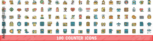 100 counter icons set. Color line set of counter vector icons thin line color flat on white
