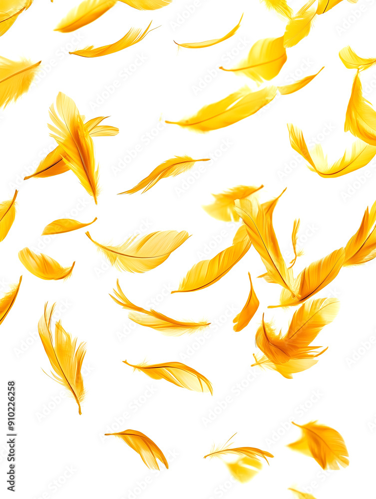 Fototapeta premium Yellow Feathers isolated against a white background. Floating feathers. Falling bird feathers. Bokeh. Motion blur. Bird, angel or demon feathers. Fantasy glowing feathers floating down.