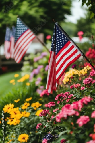 A patriotic symbol placed among blooming flowers