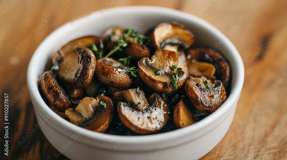 Cooked mushrooms served in a small white bowl, which adds a subtle charm to the dish. Cooked mushrooms served in a small white bowl, which adds a subtle charm to the dish.