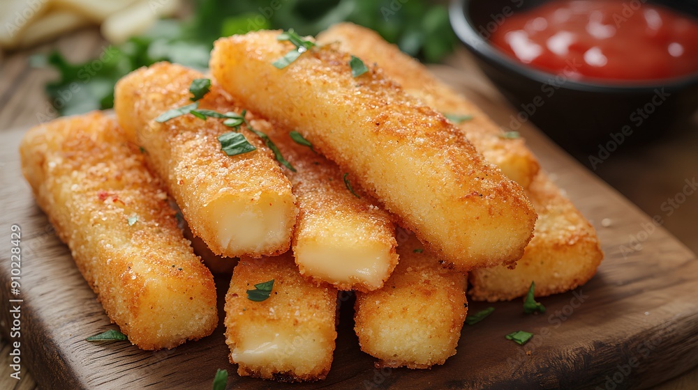 a stack of golden-brown, breaded mozzarella sticks arranged on a wooden surface. They appear crispy and are garnished with some green herbs. In the background a stack of golden-brown, breaded mozzarella sticks arranged on a wooden surface. They appear crispy and are garnished with some green herbs. In the background