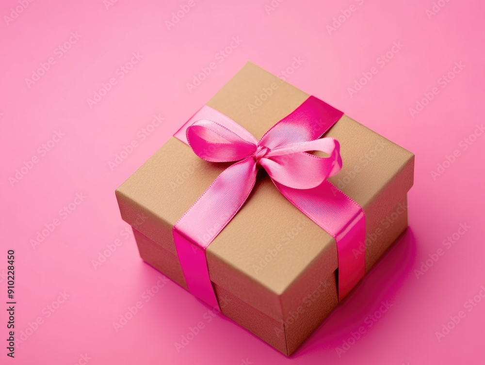Obraz premium A brown gift box wrapped in a pink ribbon, sitting on a pink background