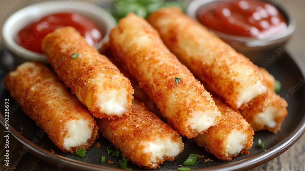 a plate with several breaded and fried mozzarella sticks. They are golden brown and crispy on the outside, with some melted cheese visible at the ends a plate with several breaded and fried mozzarella sticks. They are golden brown and crispy on the outside, with some melted cheese visible at the ends