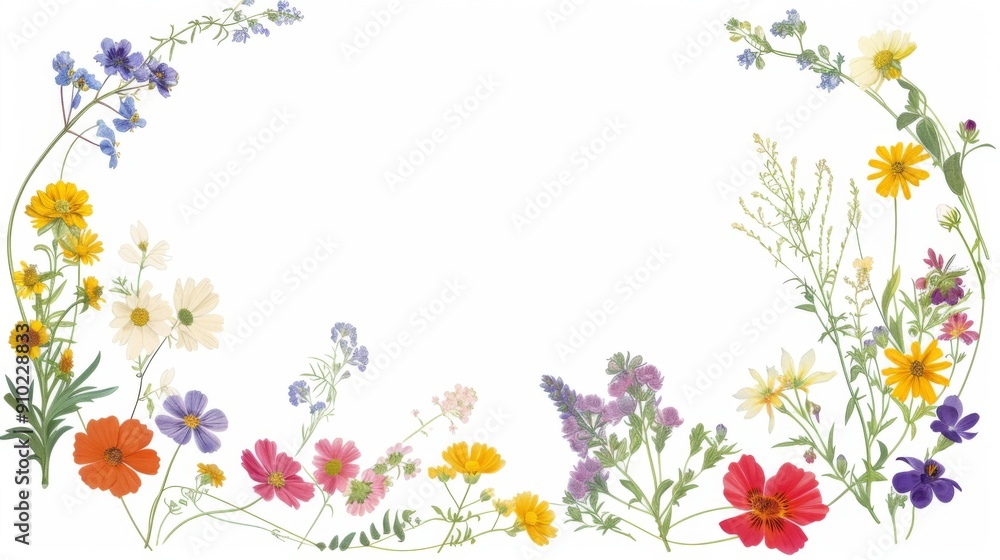 Illustration of a circular frame made from various flowers Illustration of a circular frame made from various flowers