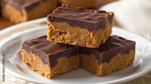 three square-shaped dessert bars stacked on a white plate. Each bar has a thick, crumbly-looking base that appears to be made of a peanut butter mixture, and a smooth, glossy layer of chocolate on top