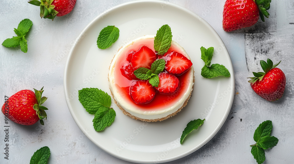 Strawberry cheesecake on a white plate, complemented with fresh mint leaves, looks exceptionally appetizing. Strawberry cheesecake on a white plate, complemented with fresh mint leaves, looks exceptionally appetizing.