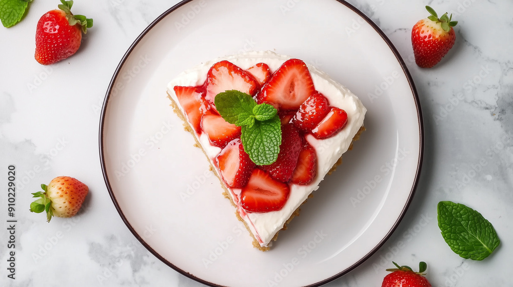 Strawberry cheesecake on a white plate, complemented with fresh mint leaves, looks exceptionally appetizing. Strawberry cheesecake on a white plate, complemented with fresh mint leaves, looks exceptionally appetizing.