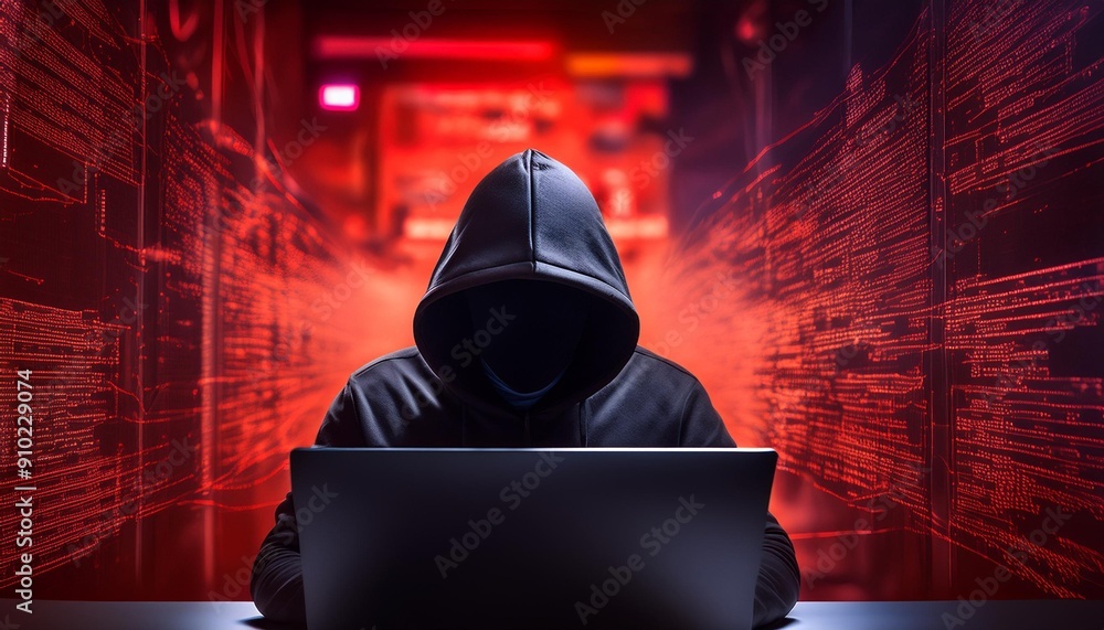 Hacker in dark black hoodie working on technical security digital files for illegal access Hacker in dark black hoodie working on technical security digital files for illegal access