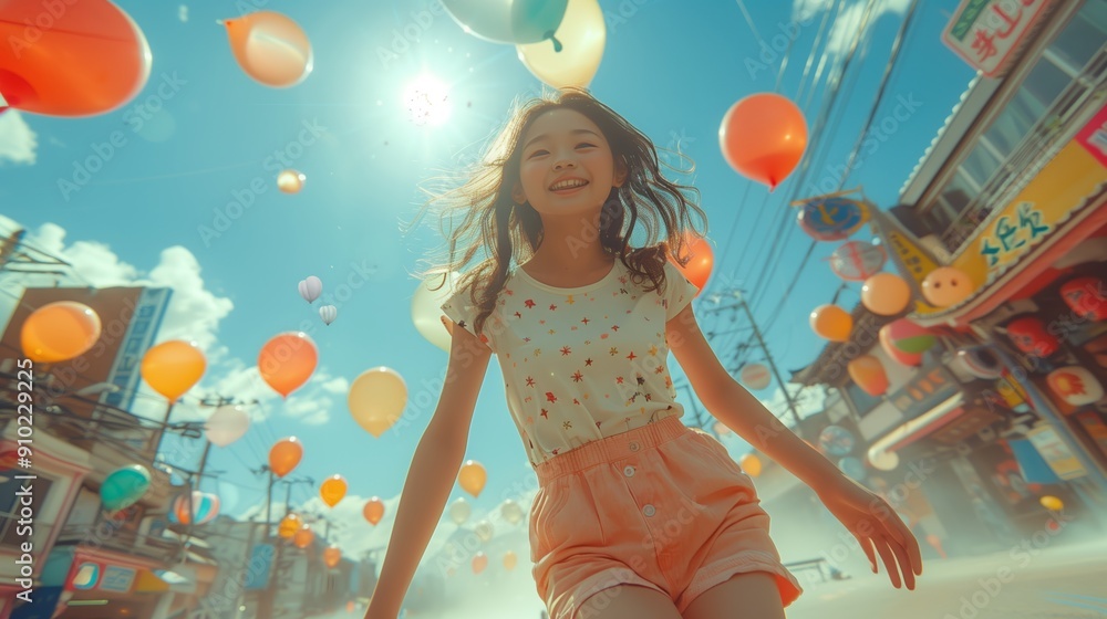 Fototapeta premium Young Girl Running Joyfully Under Bright Balloons in a Colorful Street Festival