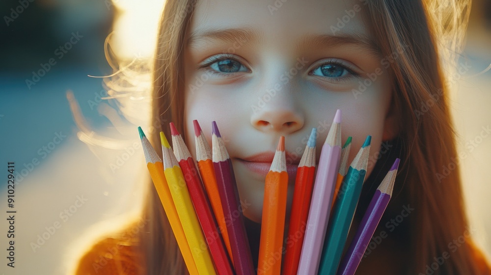 A young child holds a bundle of colorful pencils, ready to create A young child holds a bundle of colorful pencils, ready to create