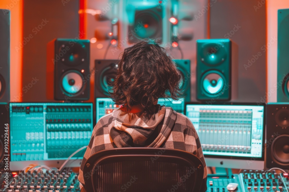 Young Student in Sound Engineering Class Learning to Mix Tracks on Digital Audio Workstation Young Student in Sound Engineering Class Learning to Mix Tracks on Digital Audio Workstation