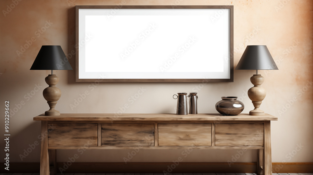 Hall picture canvas mockup. A minimalist interior scene featuring a wooden console table with three drawers, two elegant lamps with black shades on either side. Hall picture canvas mockup. A minimalist interior scene featuring a wooden console table with three drawers, two elegant lamps with black shades on either side.