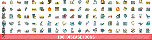 100 disease icons set. Color line set of disease vector icons thin line color flat on white