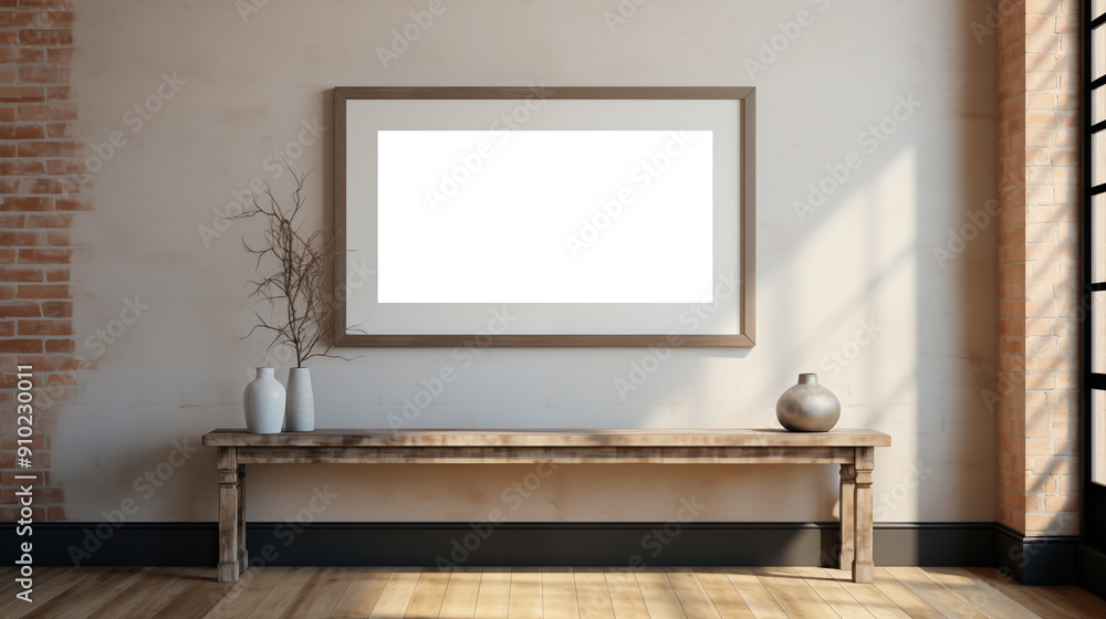 Fototapeta premium Hallway framed picture canvas mockup. A minimalist interior scene featuring a wooden bench against a wall with exposed brick. 