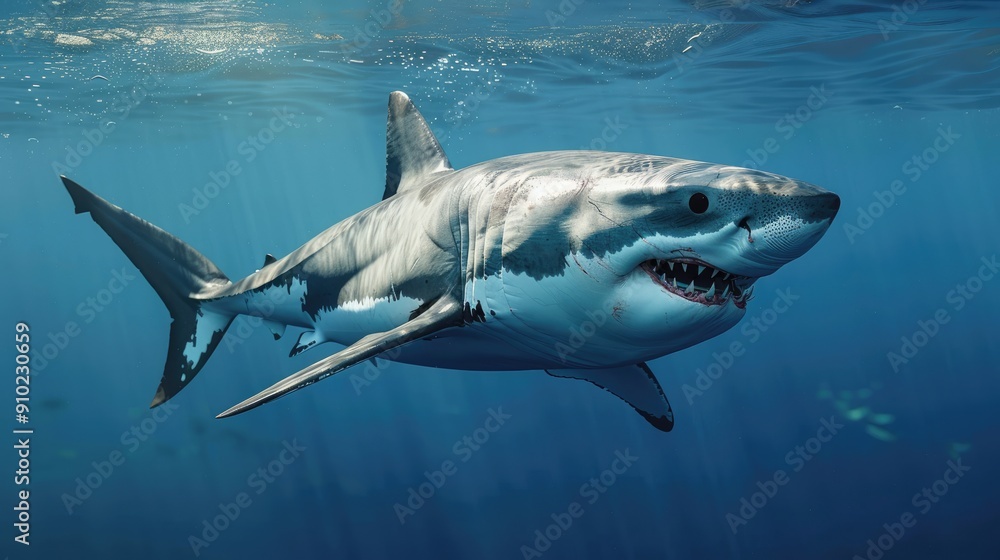 Naklejka premium Great White Shark Swimming Underwater with Open Mouth