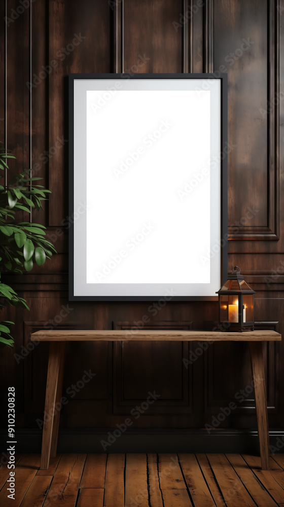 Hallway picture mockup. A minimalist interior scene featuring a blank picture frame mockup on a wooden wall. A wooden table with a lantern and a potted plant adds warmth to the space. Hallway picture mockup. A minimalist interior scene featuring a blank picture frame mockup on a wooden wall. A wooden table with a lantern and a potted plant adds warmth to the space.