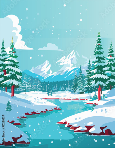 Winter Wonderland Illustration of Snowy Mountains, Pine Trees, and a Frozen River Under a Clear Blue Sky