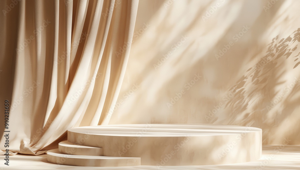 Podium 3D product cosmetic silk display background gold luxury fabric. Abstract product podium 3D stage cloth beige platform beauty studio mockup design Podium 3D product cosmetic silk display background gold luxury fabric. Abstract product podium 3D stage cloth beige platform beauty studio mockup design