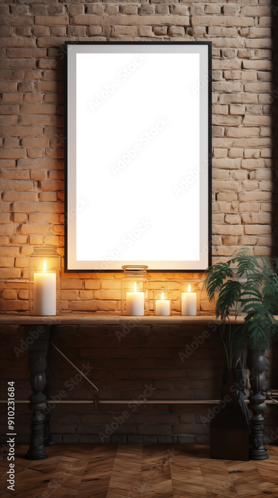 Framed picture canvas mockup in the hallway. A cozy interior scene featuring a blank framed picture mockup hanging on a brick wall. Framed picture canvas mockup in the hallway. A cozy interior scene featuring a blank framed picture mockup hanging on a brick wall.