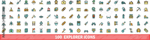 100 explorer icons set. Color line set of explorer vector icons thin line color flat on white