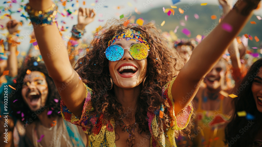 Obraz premium A woman is smiling and wearing sunglasses while surrounded by a group of people