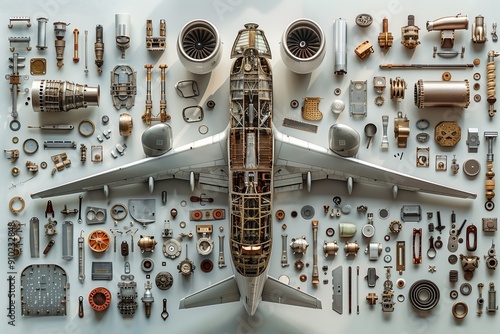 Disassembled airplane parts with full plane in the center of image. Layout image related to flights, technology, repair, support, diagnostic, travel.
