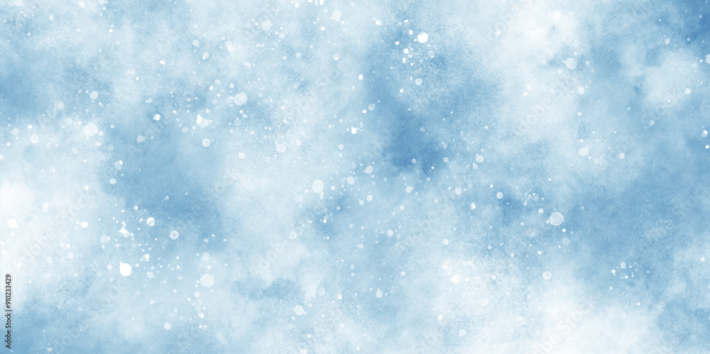 Fototapeta premium beautiful blue watercolor background with glitter particles, light blue bokeh background for design, Abstract blue background with snowflakes floating randomly, blue grunge texture with bokeh.