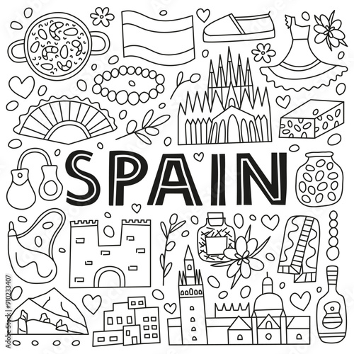 Spanish national landmarks and attractions in doodle style isolated on white background. Welcome poster. Spanish tourism concept.
