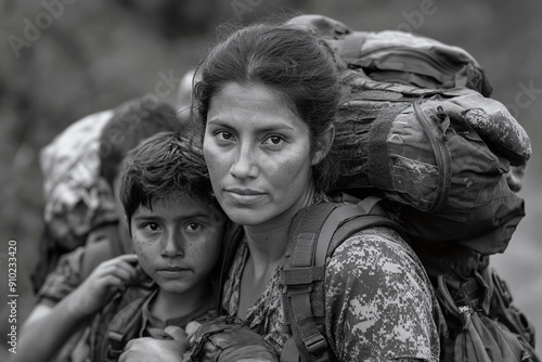 Photograph of a Family Carrying Their Belongings Across a Border: Emphasizing the journey. photo