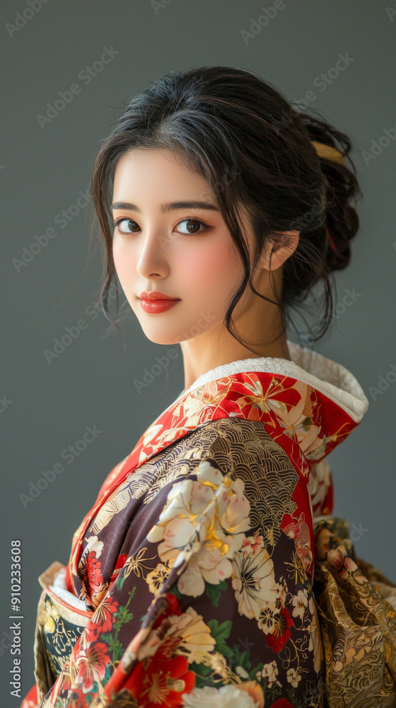 A woman wearing a kimono with a floral pattern A woman wearing a kimono with a floral pattern