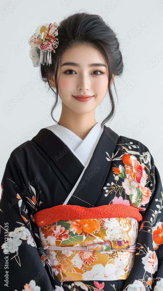 A woman wearing a traditional Japanese kimono with a flowery pattern A woman wearing a traditional Japanese kimono with a flowery pattern