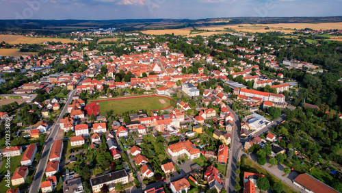 Aerial panorama view around the old town of the city  Neustadt an der Orla in Germany on a late summer day. photo