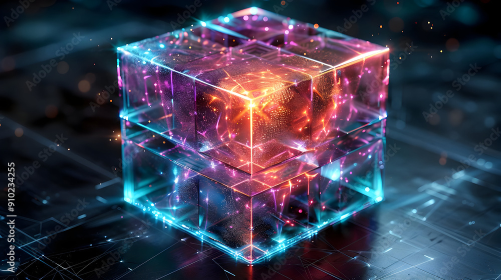 Glowing Cube with Neon Lights 3D Illustration Glowing Cube with Neon Lights 3D Illustration