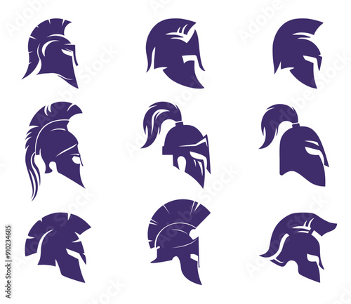 A set of silhouettes of spartan helmets with feathers