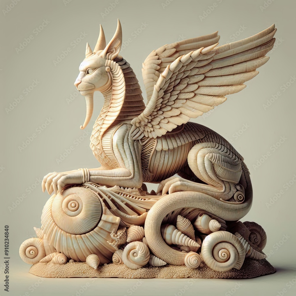Fototapeta premium Seashell Sphinx A riddling guardian perched atop ancient seashells, challenging seekers of wisdom