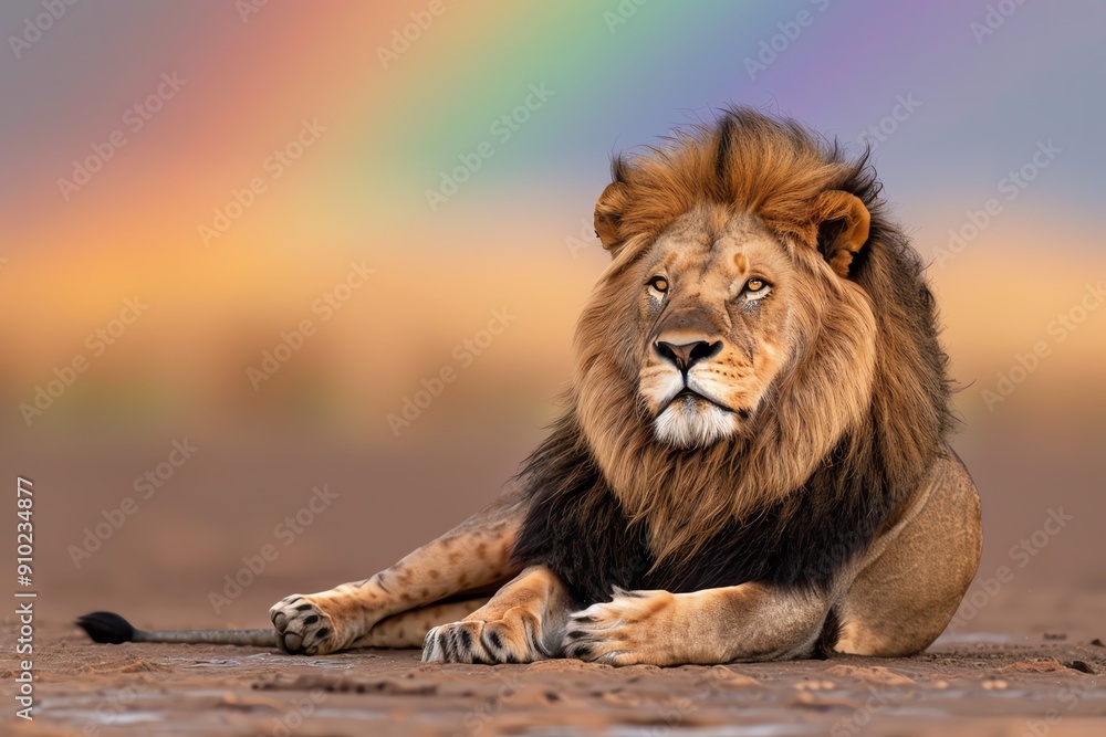 Obraz premium Lion resting under rainbow sky, tranquility and strength