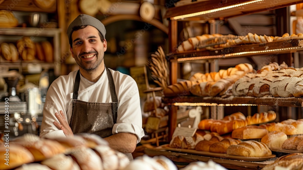 A cheerful baker in a rustic bakery A cheerful baker in a rustic bakery