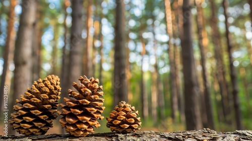 Discover a breathtaking pine forest, where cones adorn the forest floor and a lush canopy filters sunlight onto the towering trunks, creating an enchanting